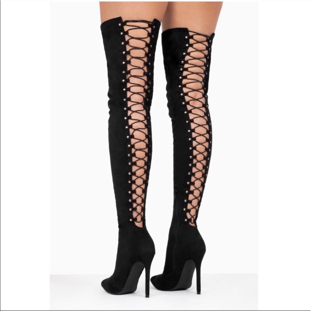 Black High Heel Open Back Corset Lace Up Thigh High Boot - Picture 7 of 15